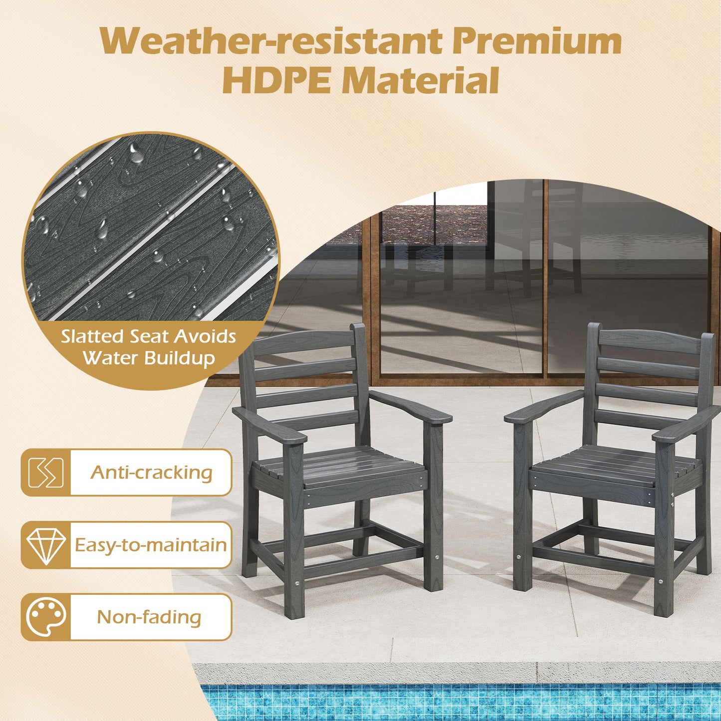 HDPE Patio Dining Chairs Set of 2 with Wide Armrests