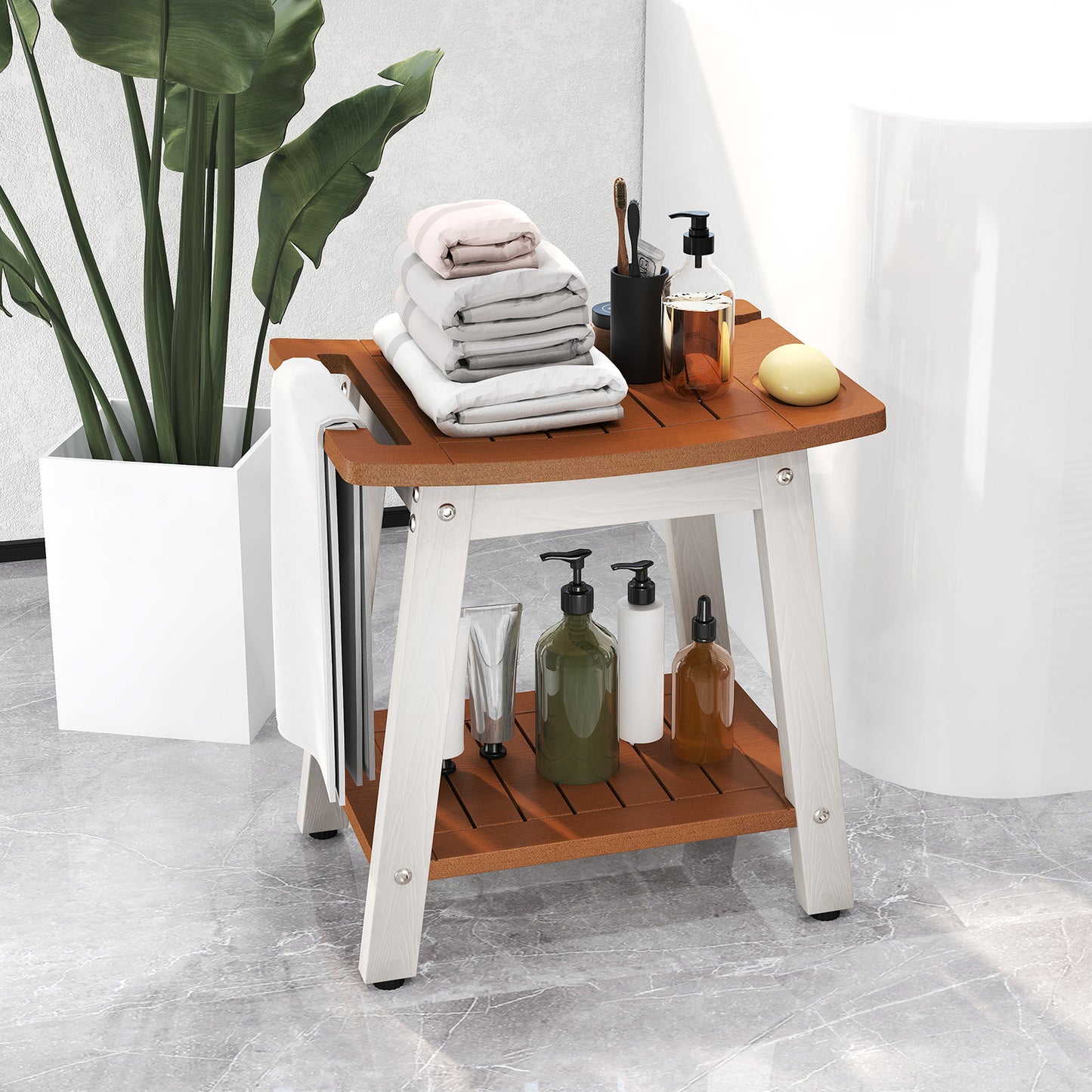 HIPS Shower Bench Seat with Handle Shower Head-Brown & White