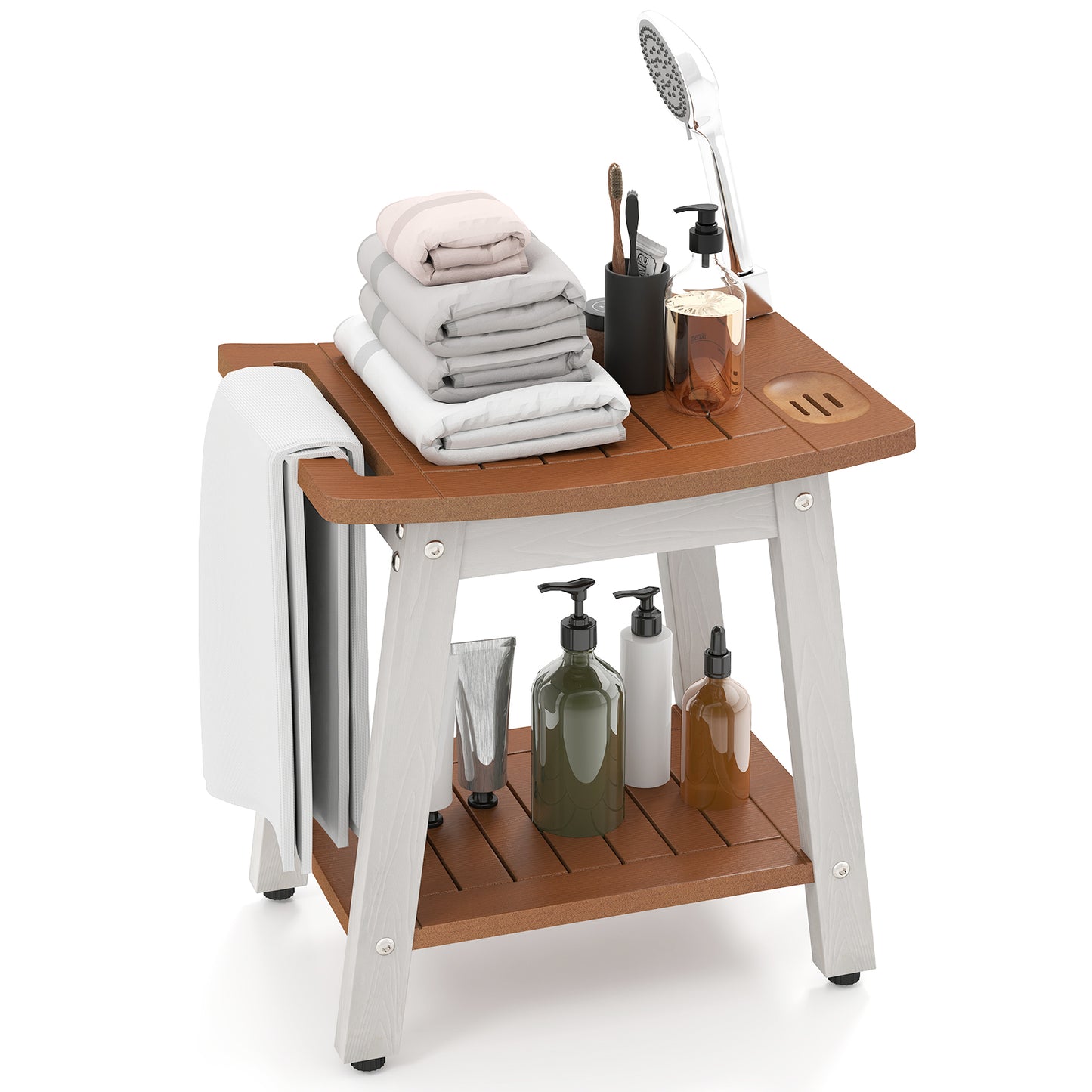 HIPS Shower Bench Seat with Handle Shower Head-Brown & White