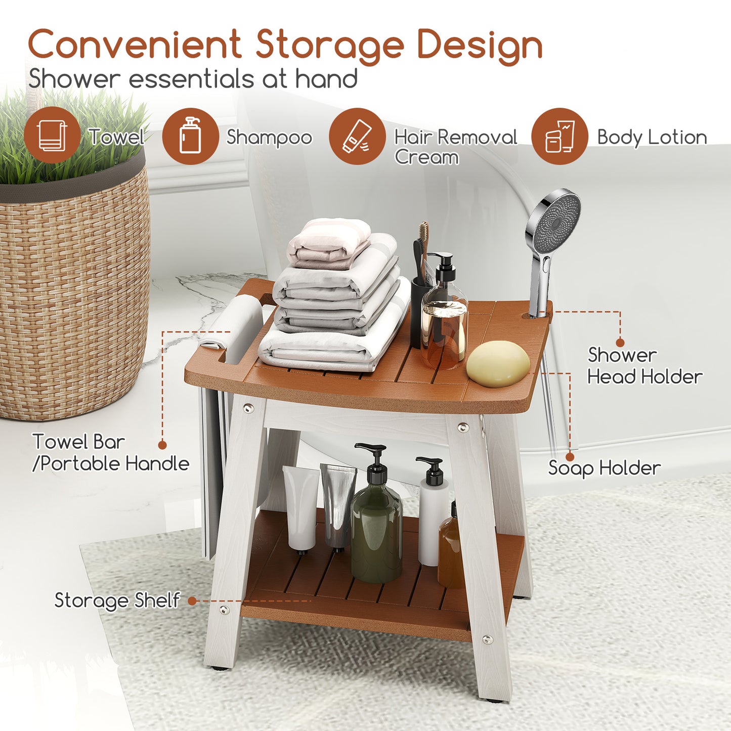 HIPS Shower Bench Seat with Handle Shower Head-Brown & White