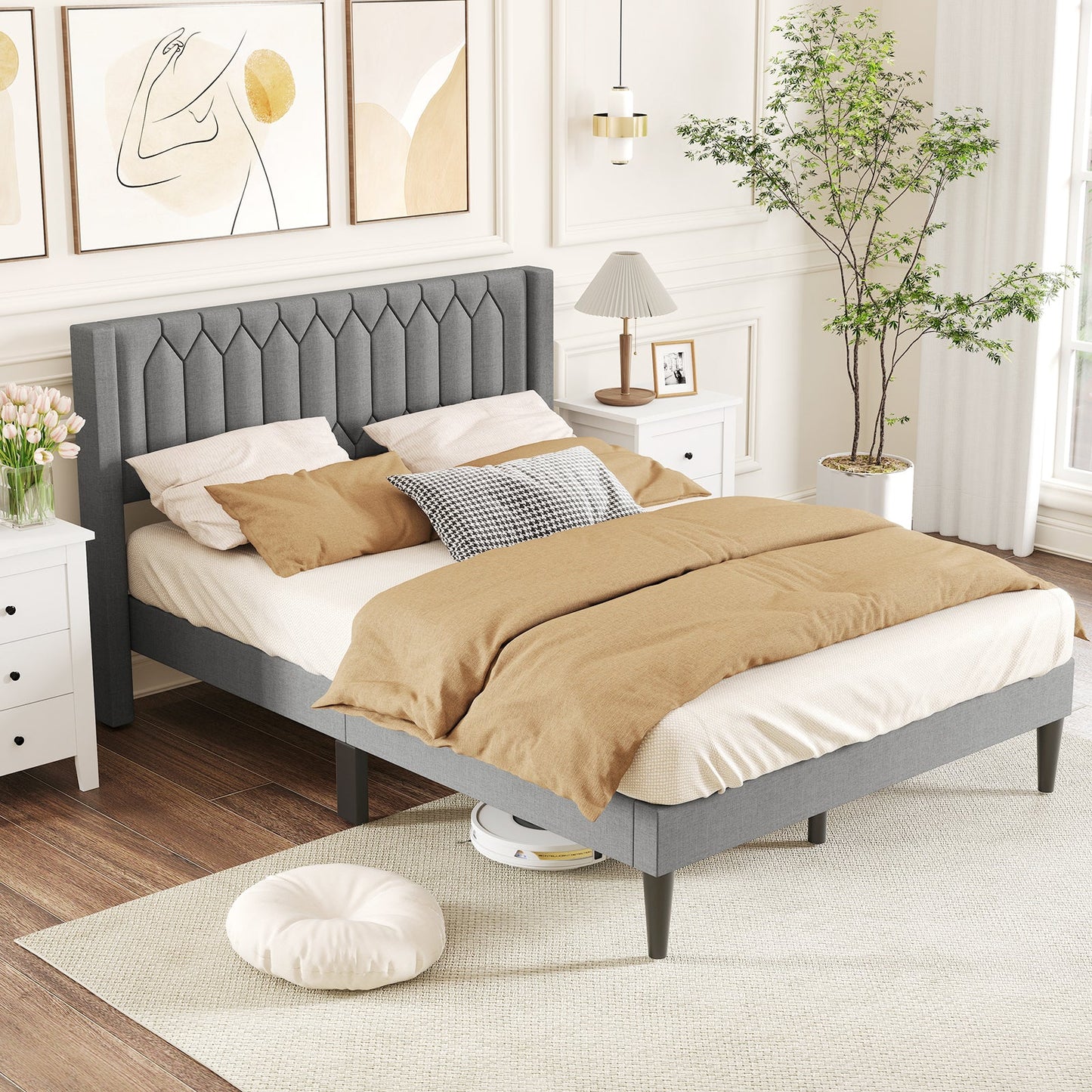 Queen Size Dutch Velvet/Linen Fabric Upholstered Platform Bed with Wingback Headboard and Wooden Slat Support