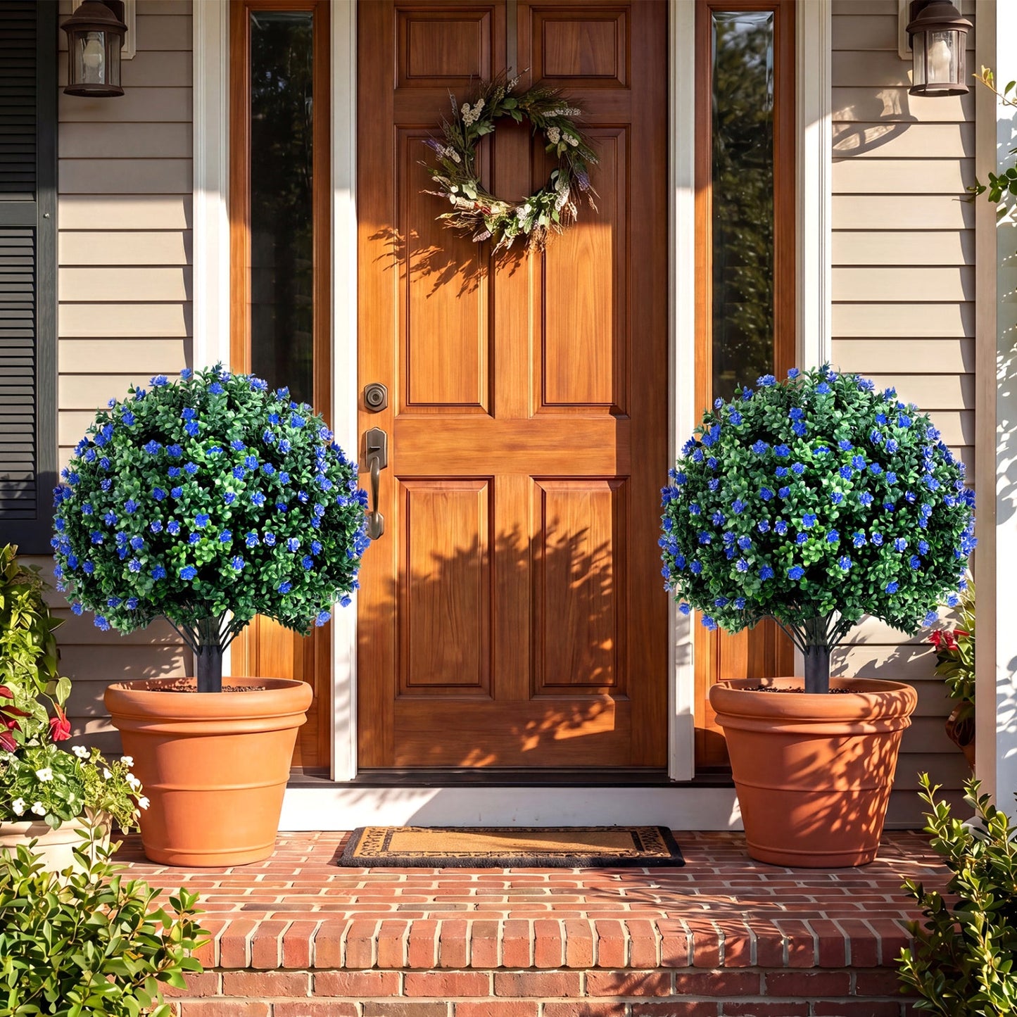 2 Pack Artificial Camellia Boxwood Topiary Ball Trees 27.5 Inches Faux Floral Shrubs
