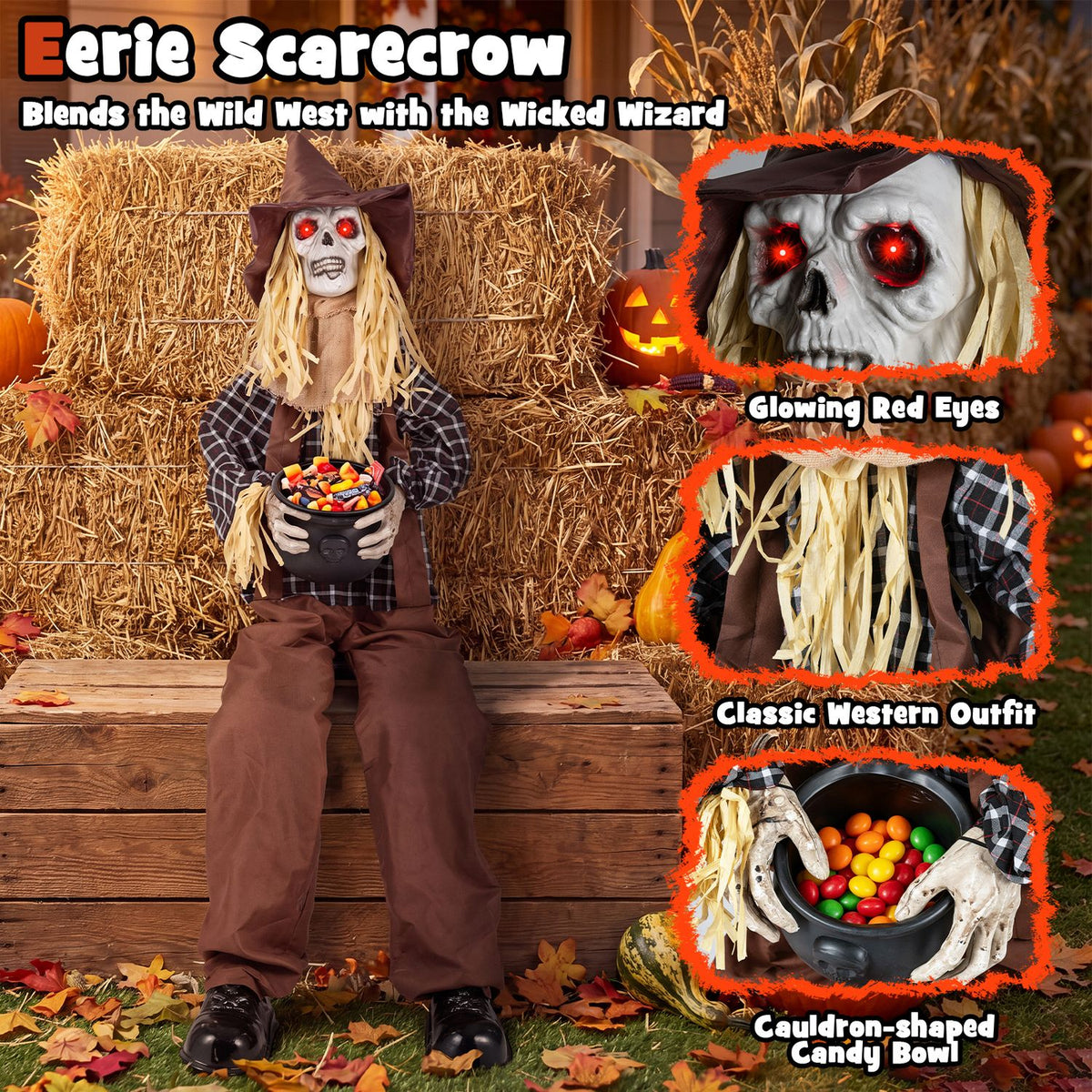 Halloween Animatronic Sitting Scarecrow with Candy Bowl