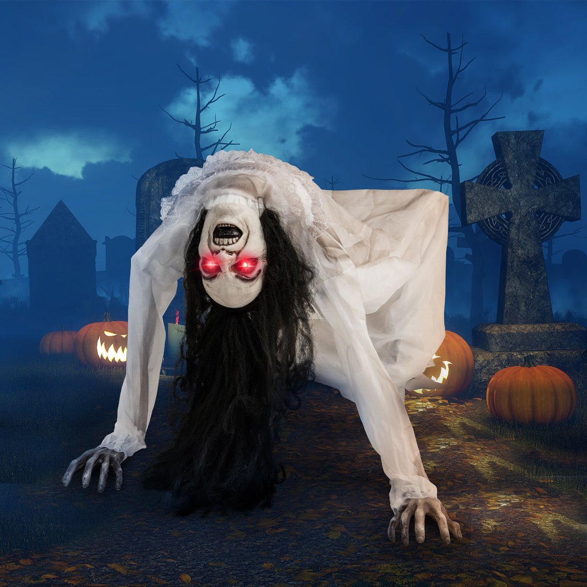 Crawling Woman Halloween Animatronic with LED Eyes & Sound