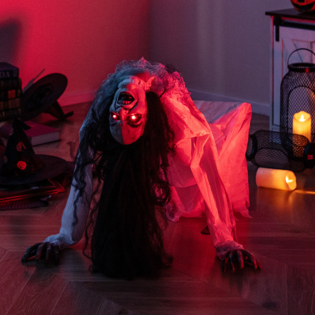 Crawling Woman Halloween Animatronic with LED Eyes & Sound