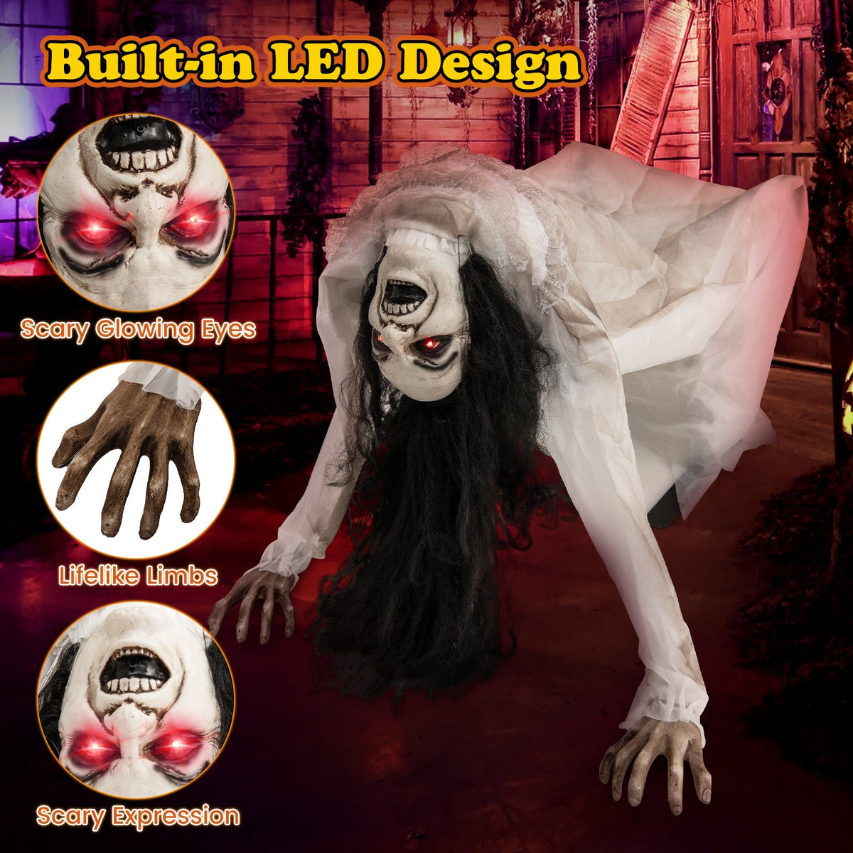 Crawling Woman Halloween Animatronic with LED Eyes & Sound