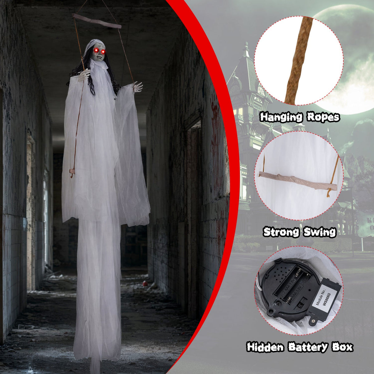 Hanging Ghost Girl Prop with Light-Up Eyes and Sound Effects