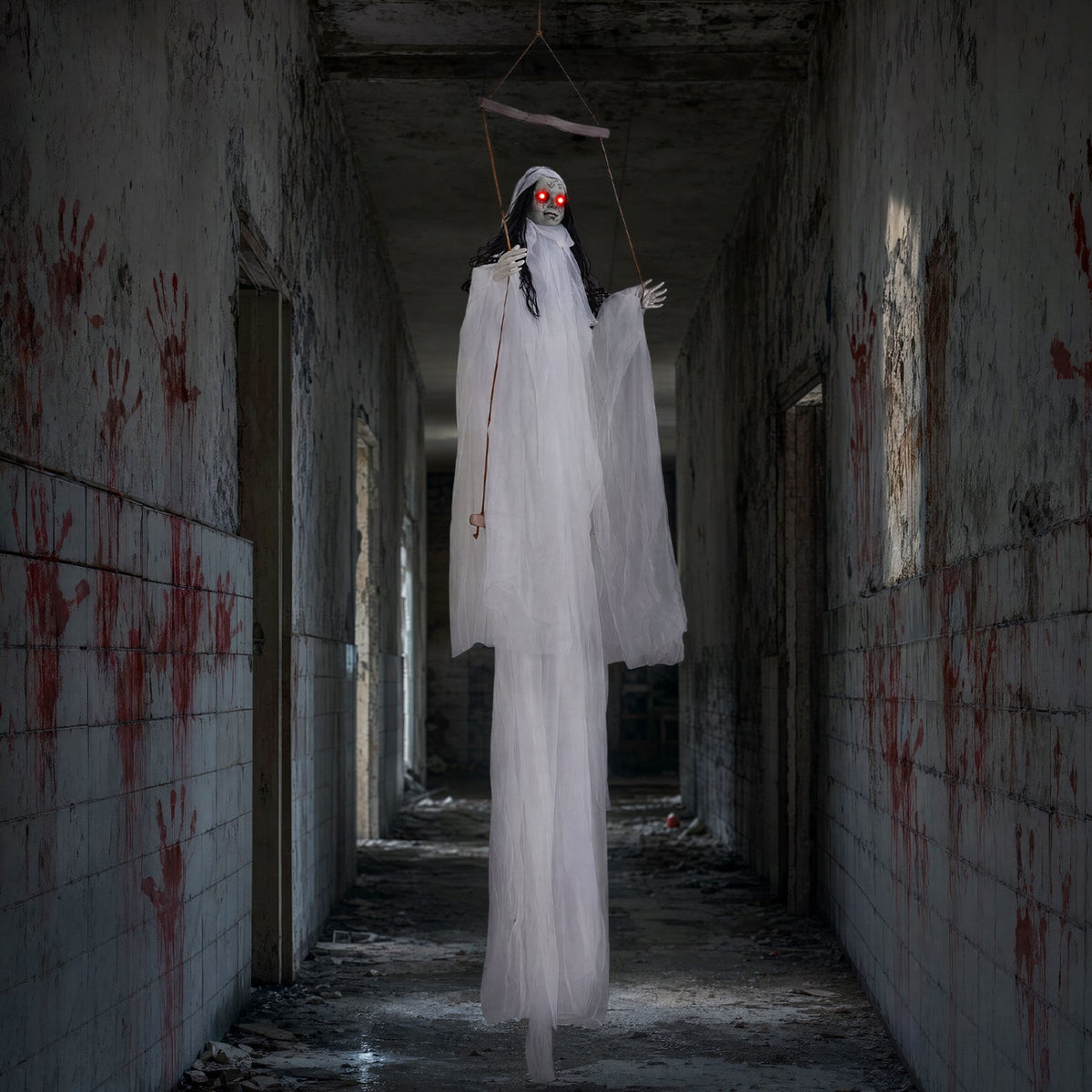 Hanging Ghost Girl Prop with Light-Up Eyes and Sound Effects