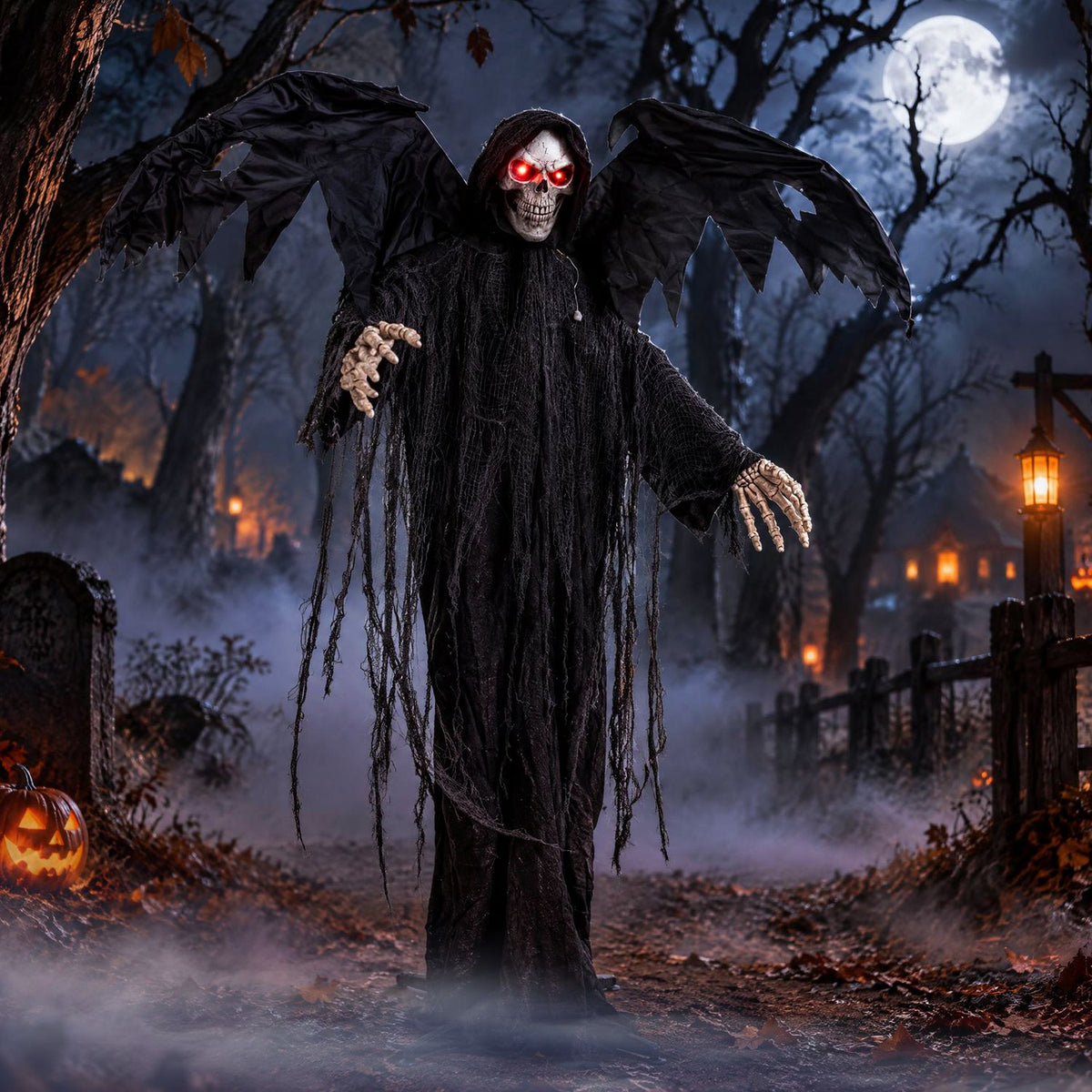 Halloween Standing Grim Reaper with Red Eyes and Shaking Head