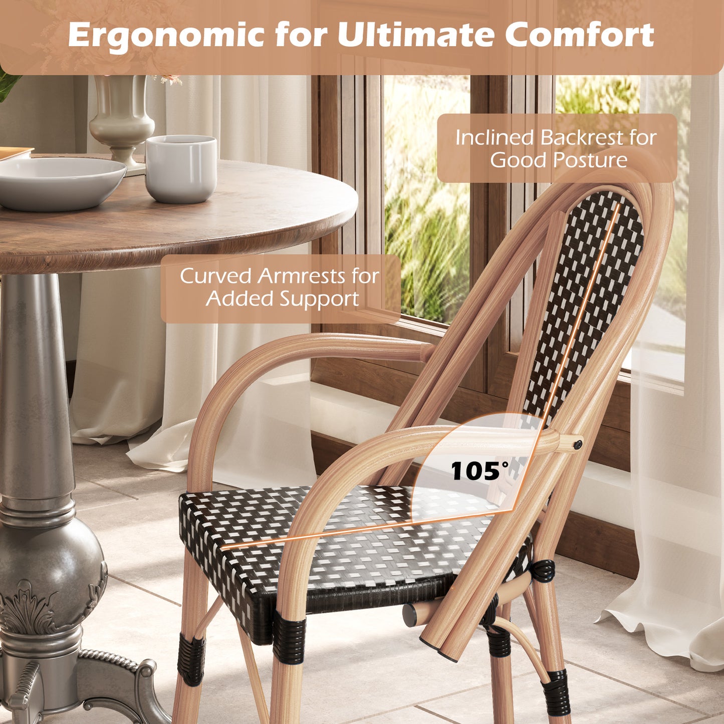 PE Wicker Bistro Dining Chairs Set of 2 - French Style