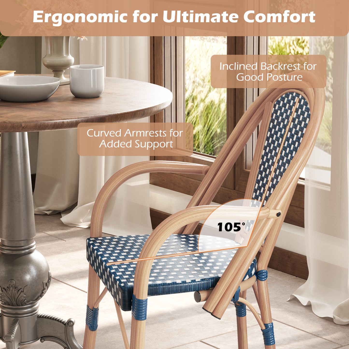 PE Wicker Bistro Dining Chairs Set of 2 - French Style