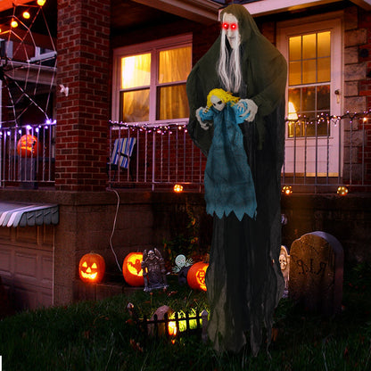 Hanging Halloween Decoration Sound-Activated Witch Holding Ghost Girl with Spooky Sounds