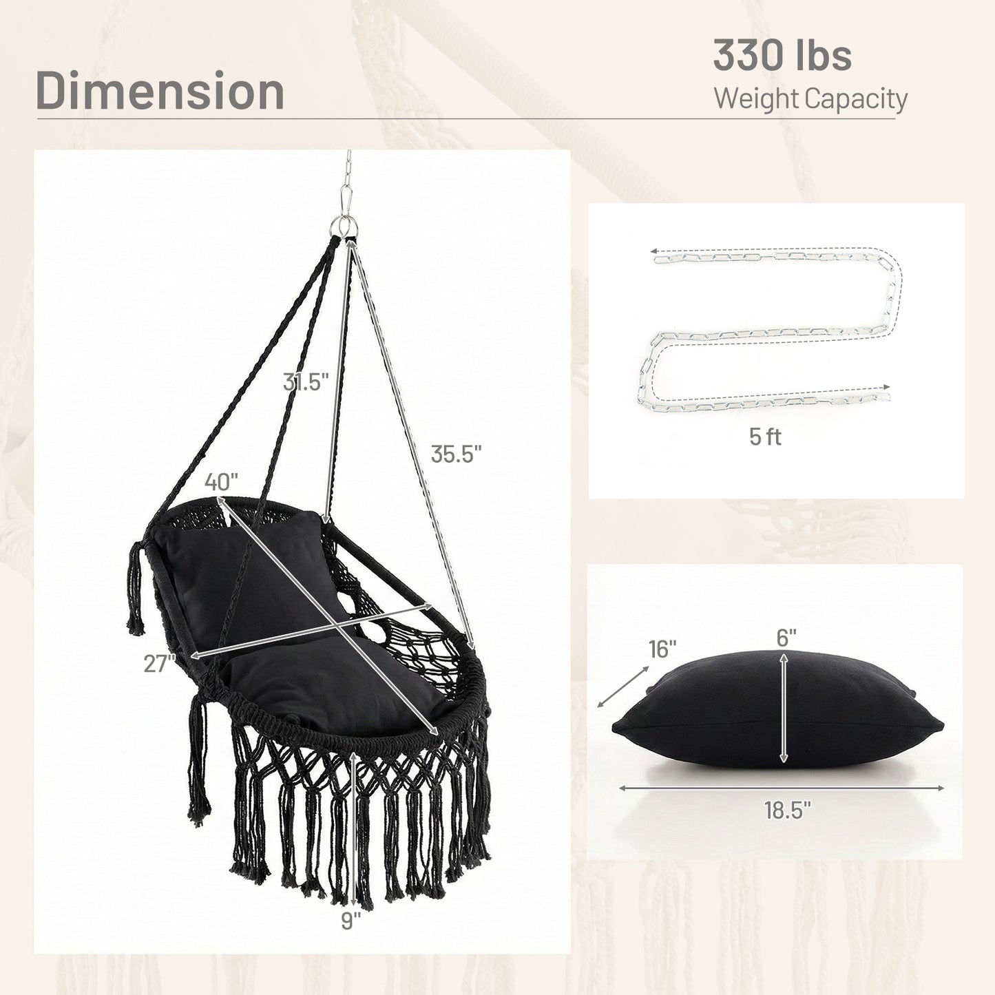 Hanging Hammock Chair with Cushions and Rope Chain
