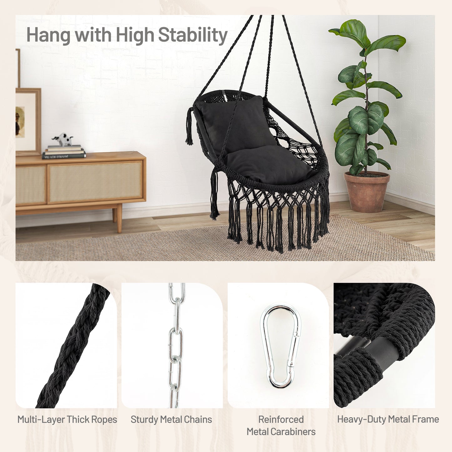Hanging Hammock Chair with Cushions and Rope Chain