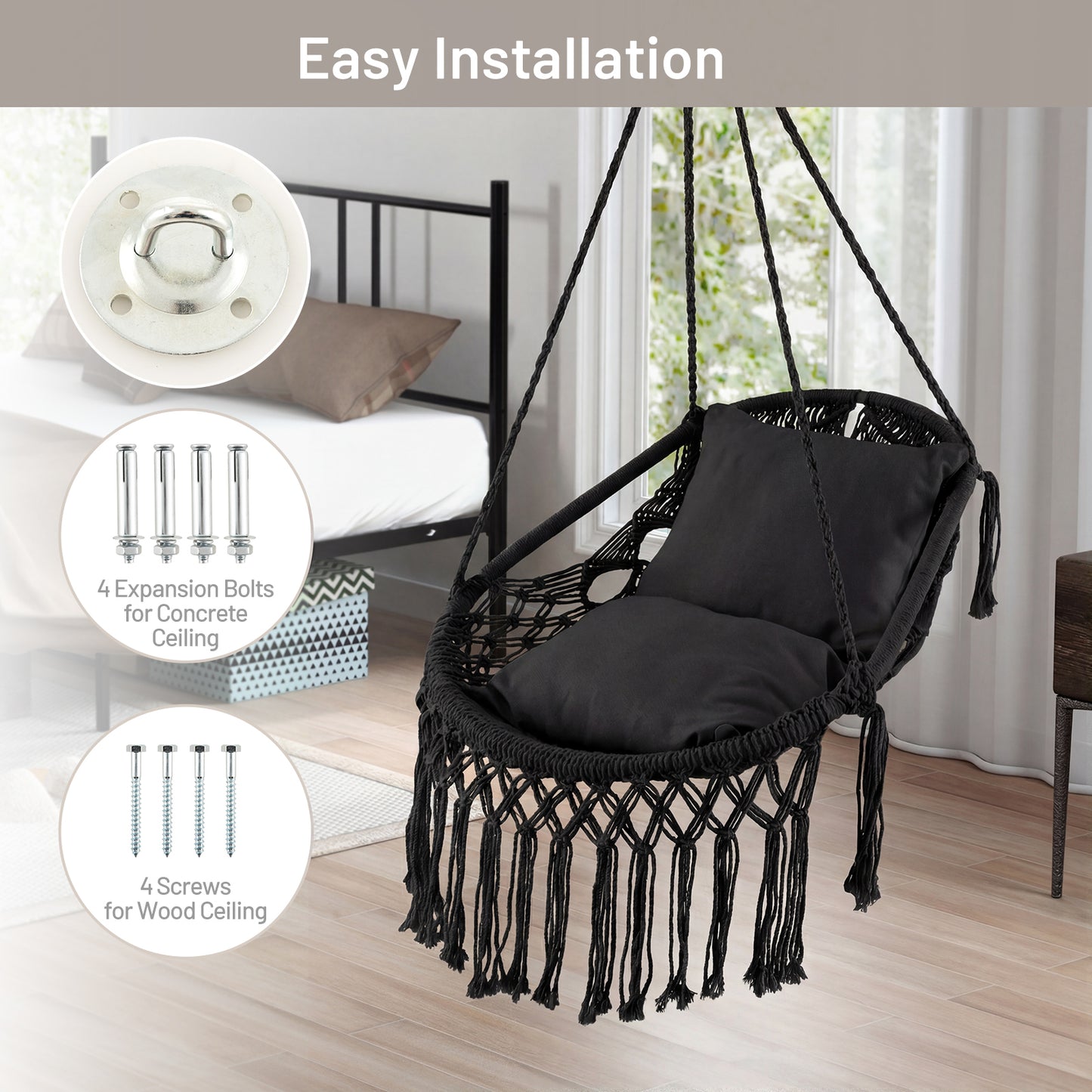 Hanging Hammock Chair with Cushions and Rope Chain