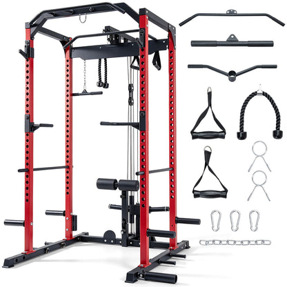Heavy-Duty Power Cage with Cable Crossover System and Leg Hold-down-Red