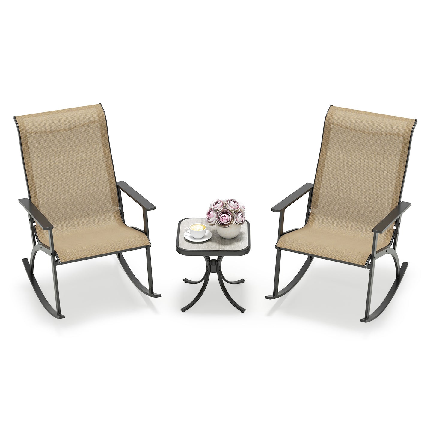 Rocking Bistro Set with High Backrest and Side Table