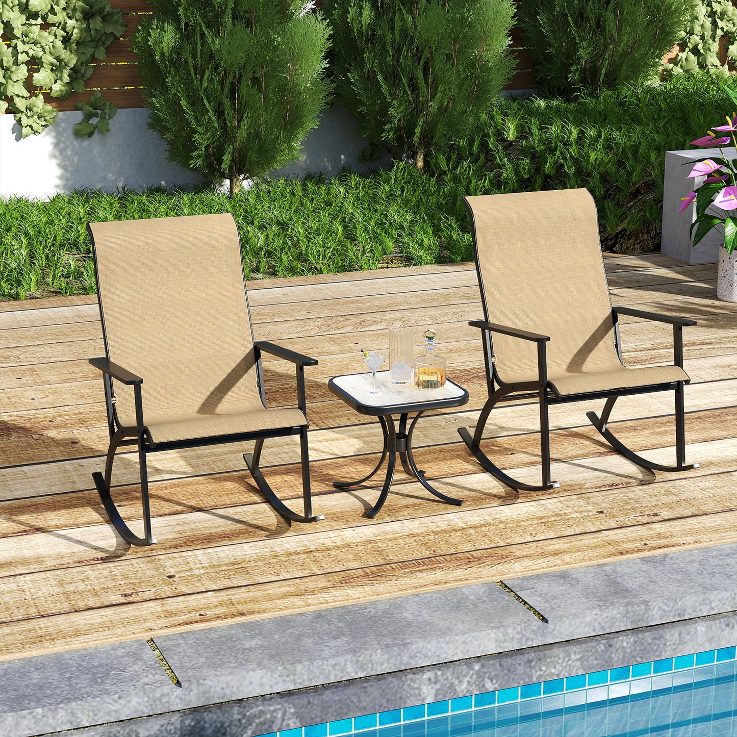 Rocking Bistro Set with High Backrest and Side Table