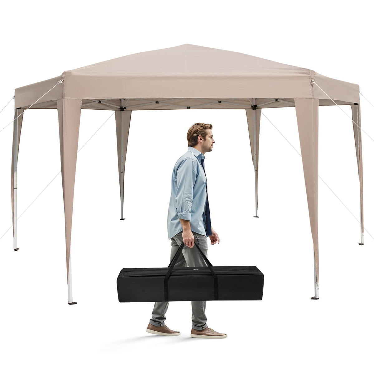 13 x 11.5 FT Hexagonal Pop-Up Height Adjustable Canopy Tent with Dressed Legs-Khaki