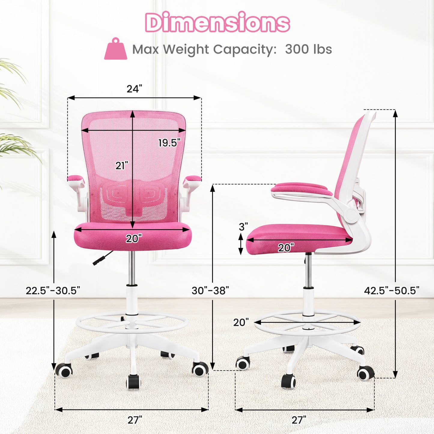 Drafting Chair with Flip-Up Arms and Adjustable Height