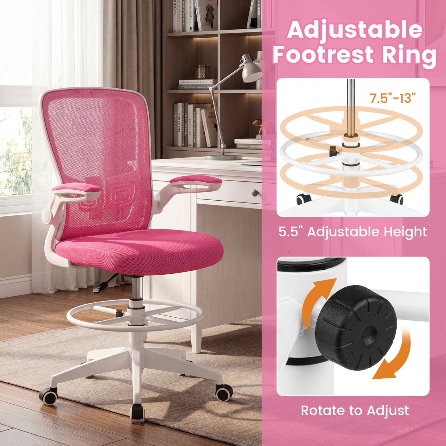 Drafting Chair with Flip-Up Arms and Adjustable Height