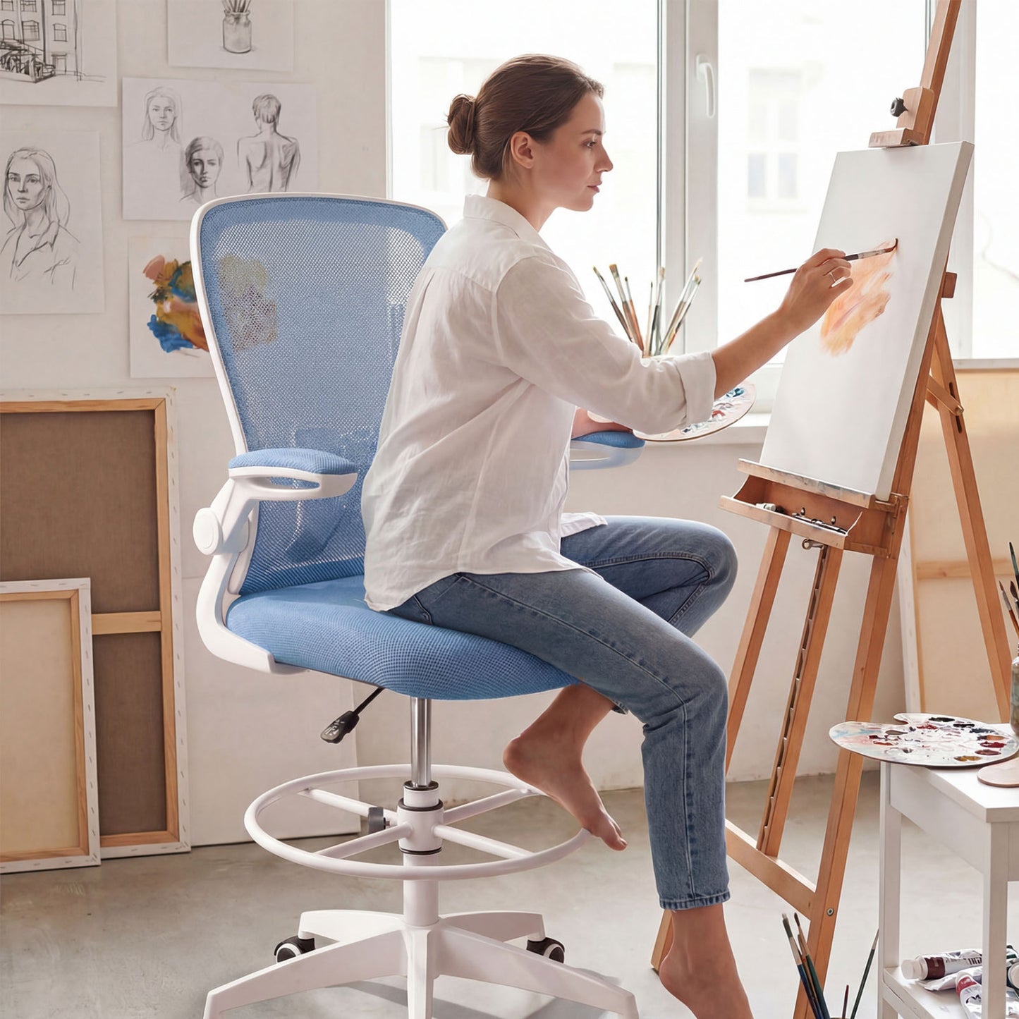 Drafting Chair with Flip-Up Arms and Adjustable Height