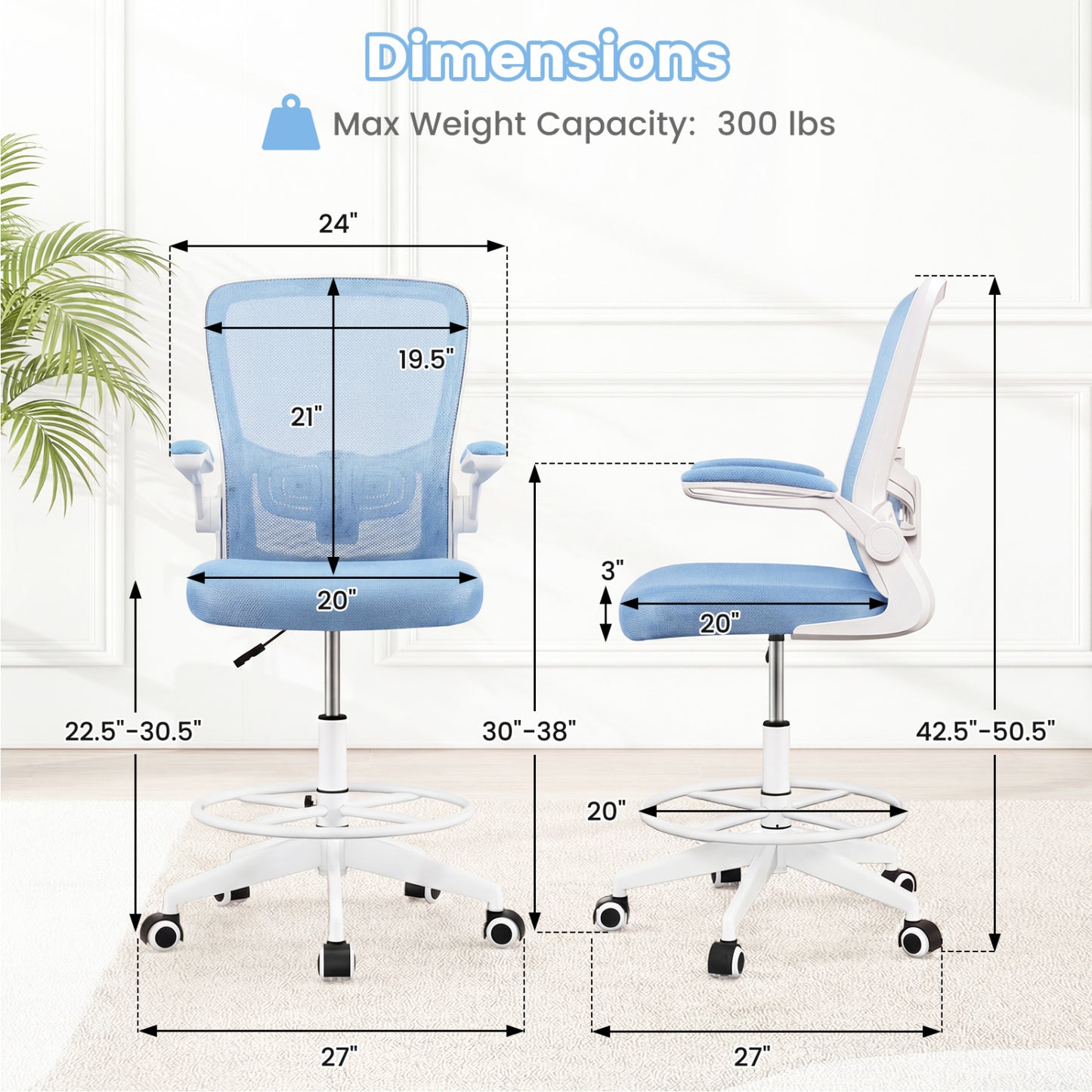 Drafting Chair with Flip-Up Arms and Adjustable Height