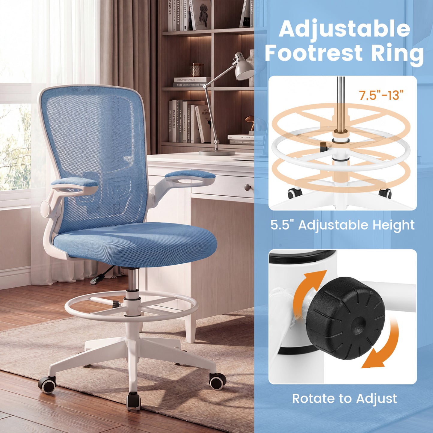 Drafting Chair with Flip-Up Arms and Adjustable Height
