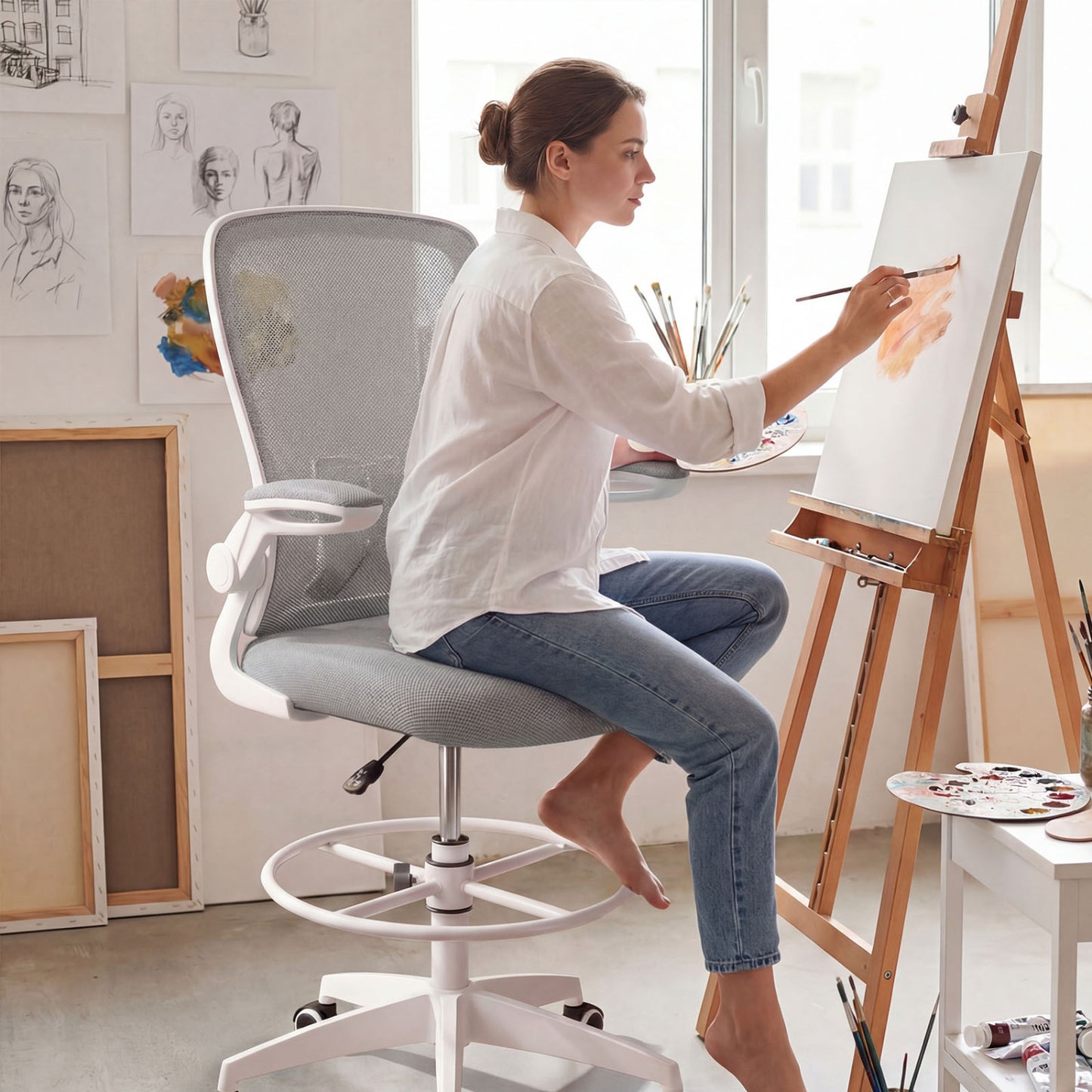 Drafting Chair with Flip-Up Arms and Adjustable Height