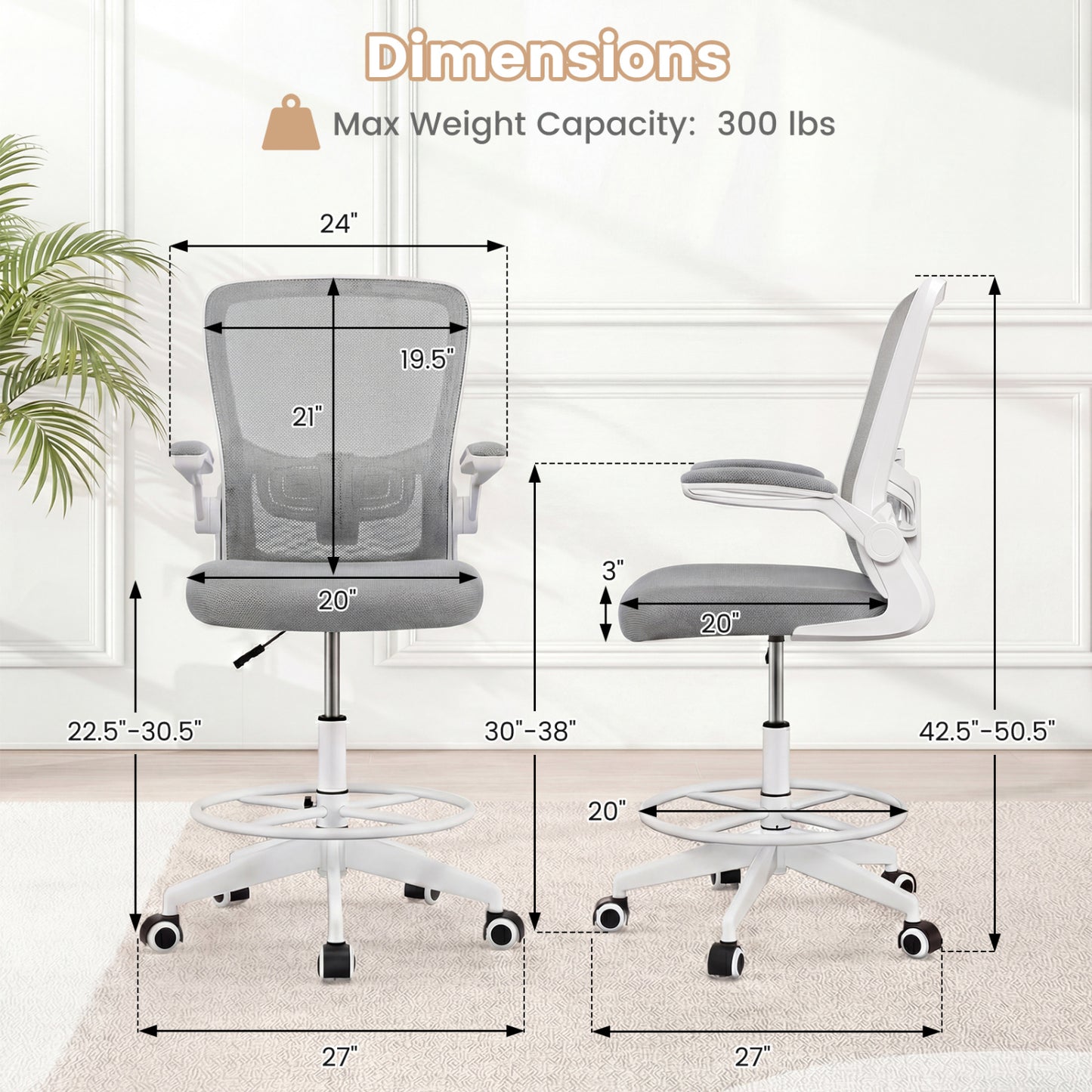 Drafting Chair with Flip-Up Arms and Adjustable Height