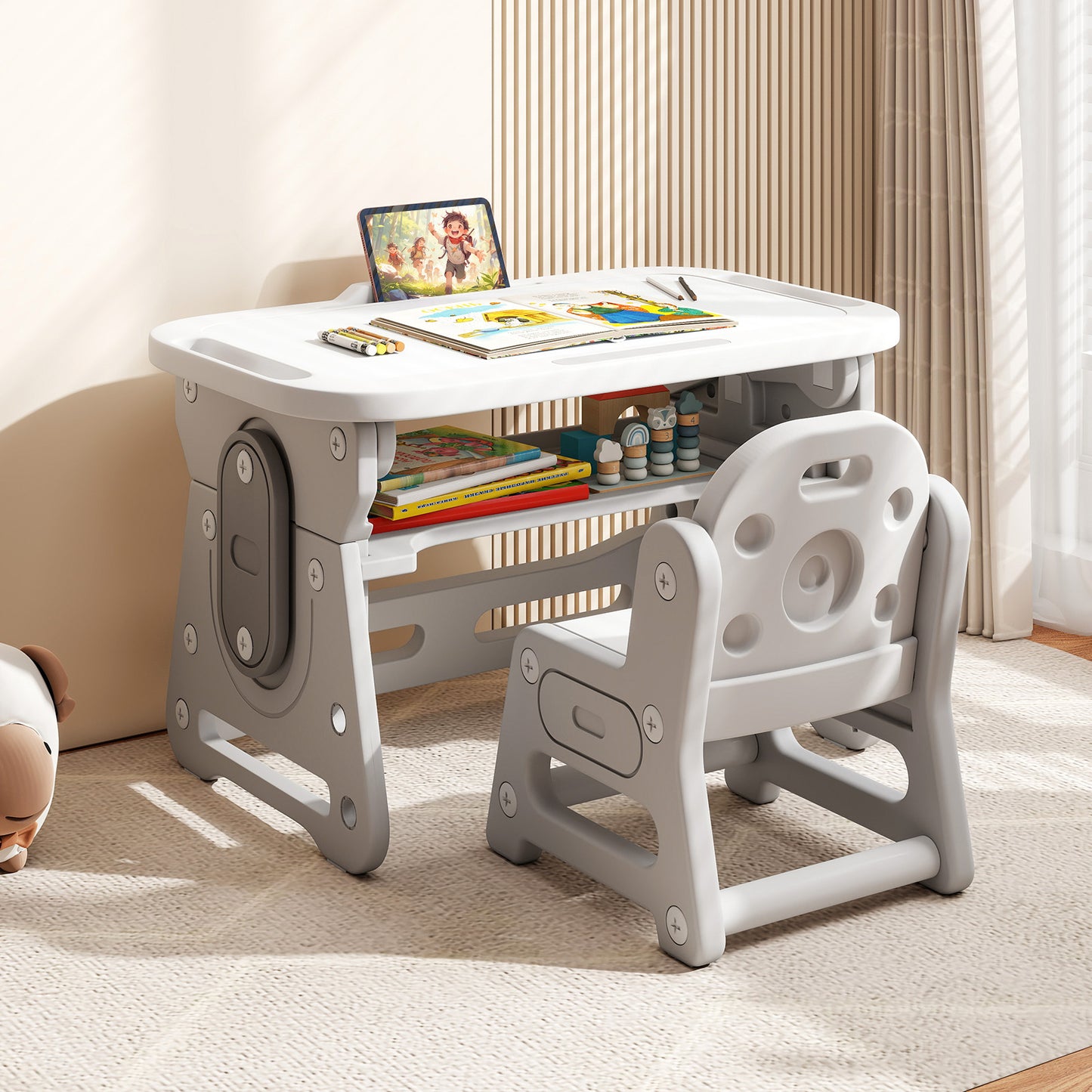 Kids Table and Chair Set with Adjustable Height & Tiltable Whiteboard