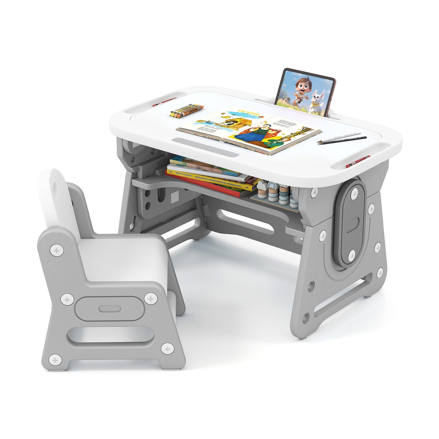 Kids Table and Chair Set with Adjustable Height & Tiltable Whiteboard