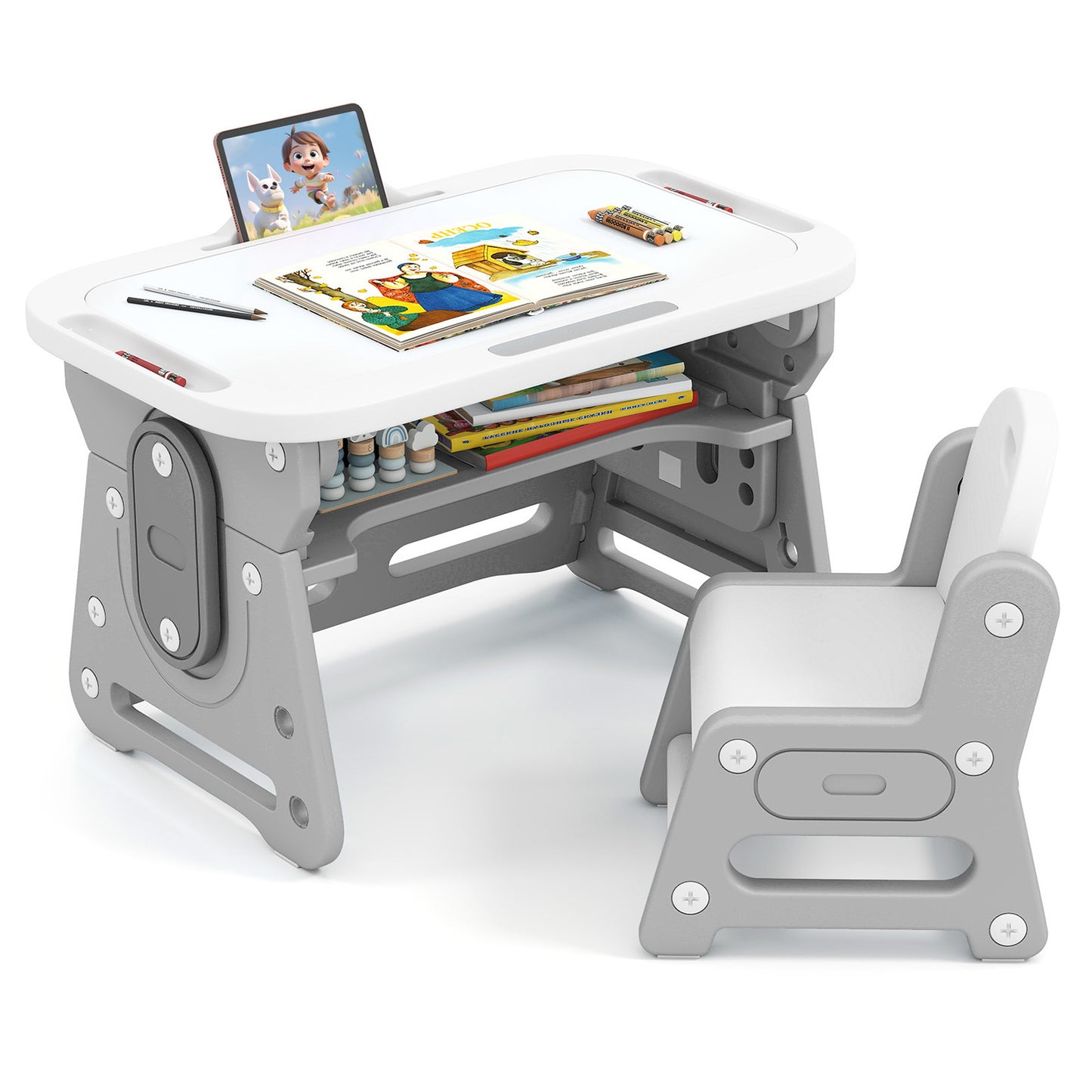 Kids Table and Chair Set with Adjustable Height & Tiltable Whiteboard
