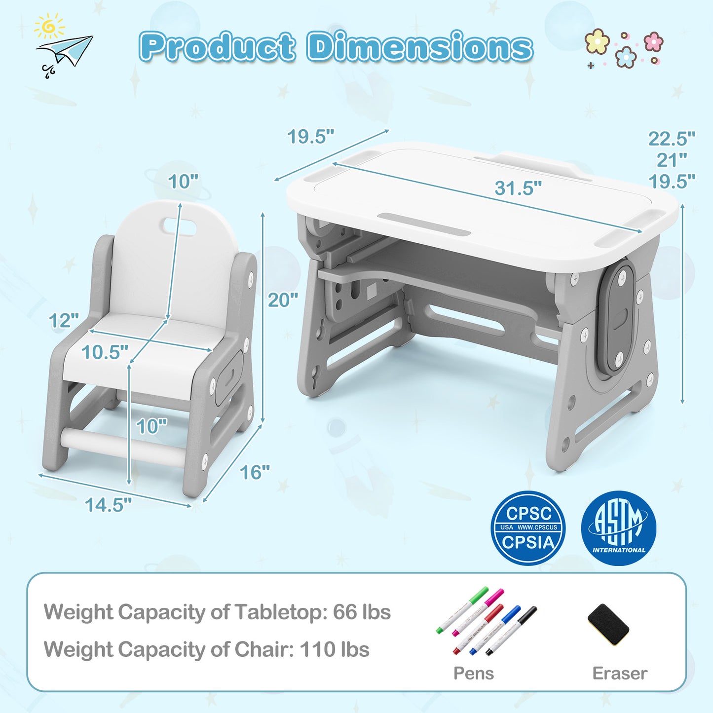 Kids Table and Chair Set with Adjustable Height & Tiltable Whiteboard