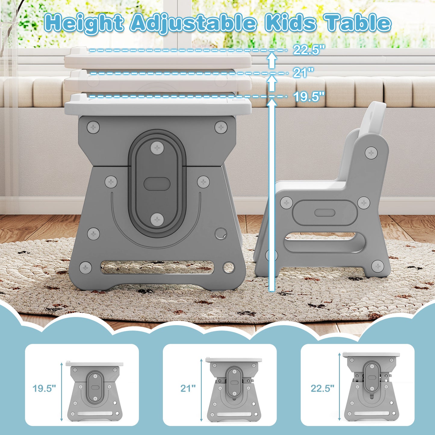 Kids Table and Chair Set with Adjustable Height & Tiltable Whiteboard
