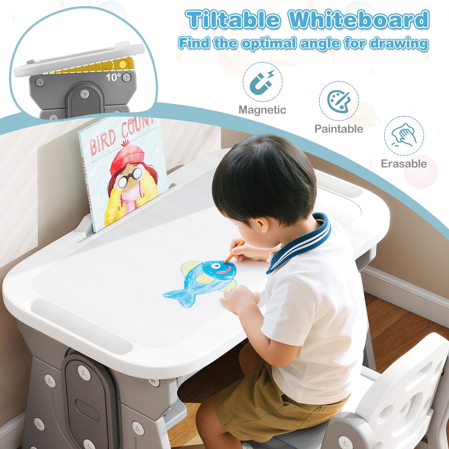 Kids Table and Chair Set with Adjustable Height & Tiltable Whiteboard