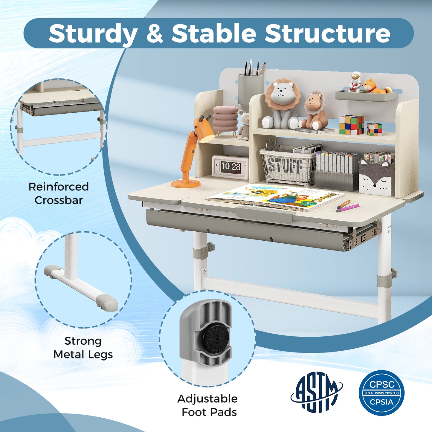 Kids Study Desk with Adjustable Height & Tilt Desktop