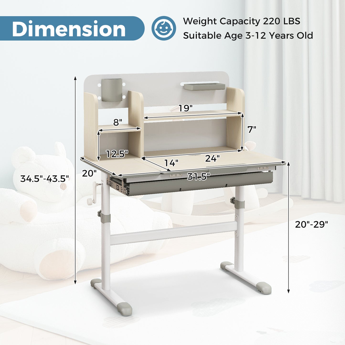 Kids Study Desk with Adjustable Height & Tilt Desktop