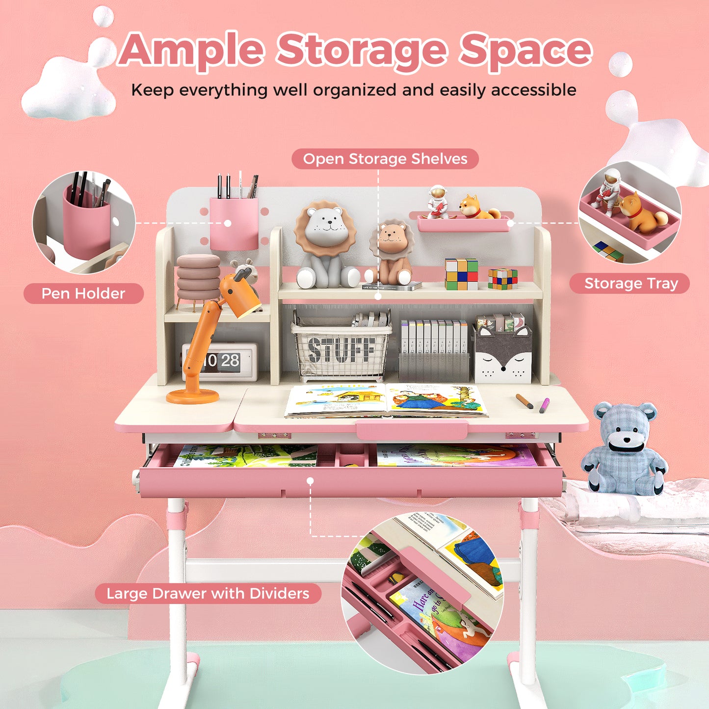 Kids Study Desk with Adjustable Height & Tilt Desktop