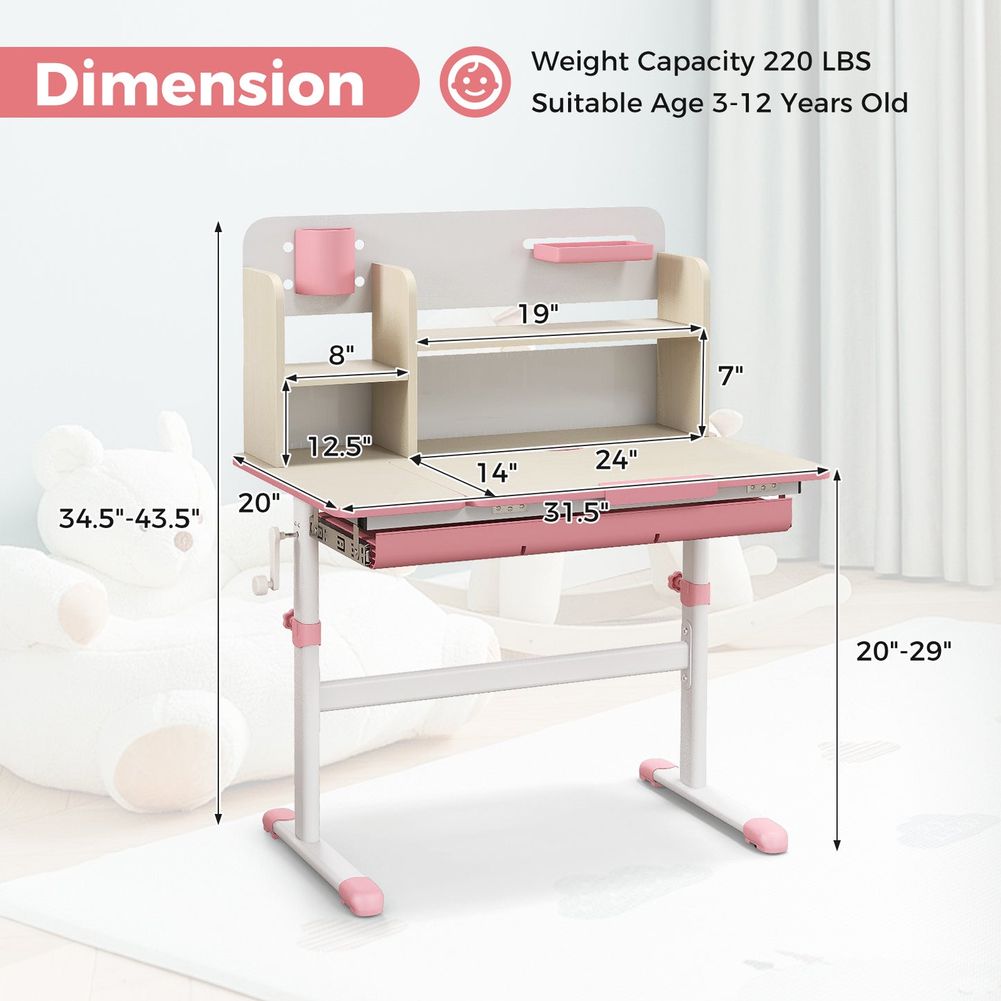 Kids Study Desk with Adjustable Height & Tilt Desktop