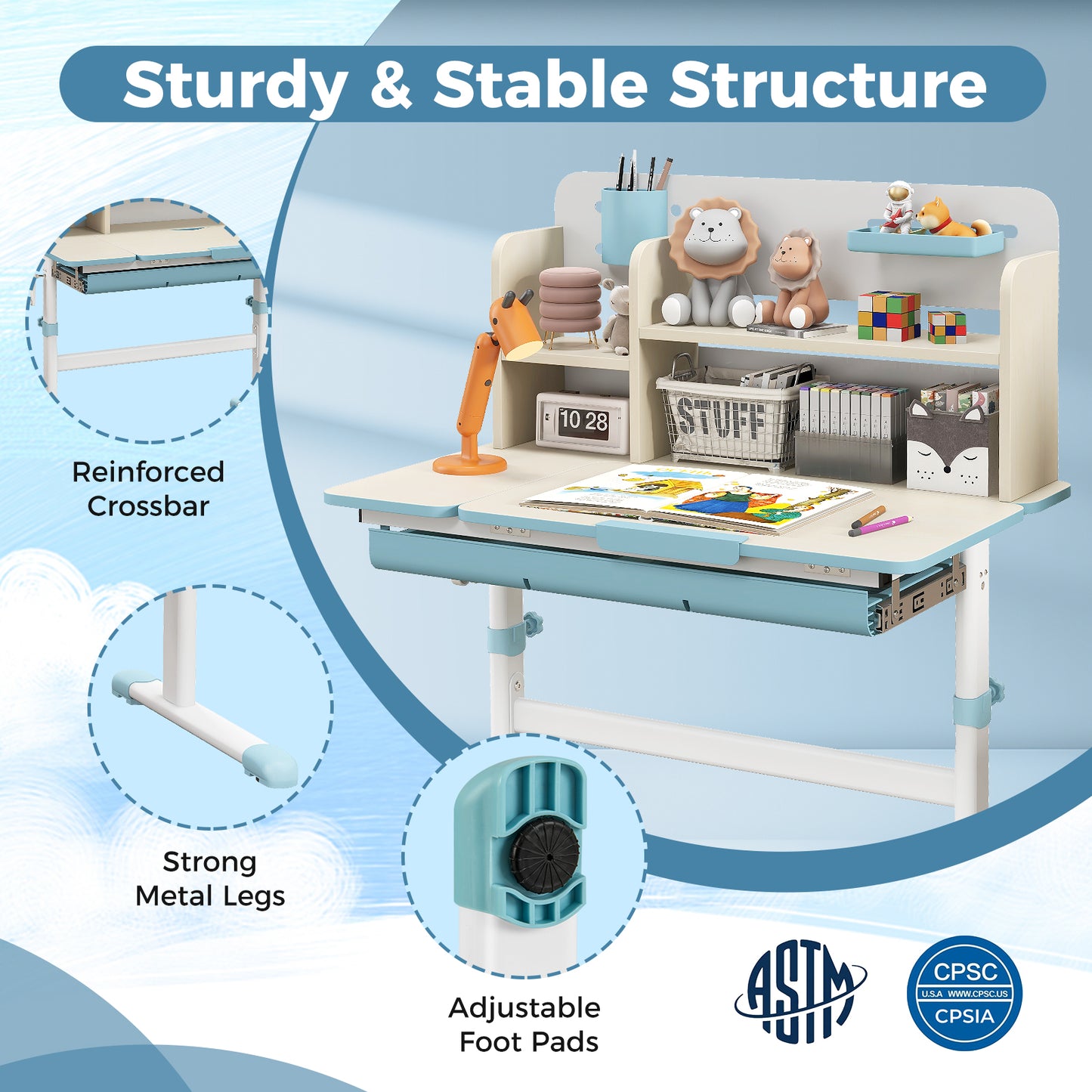 Kids Study Desk with Adjustable Height & Tilt Desktop