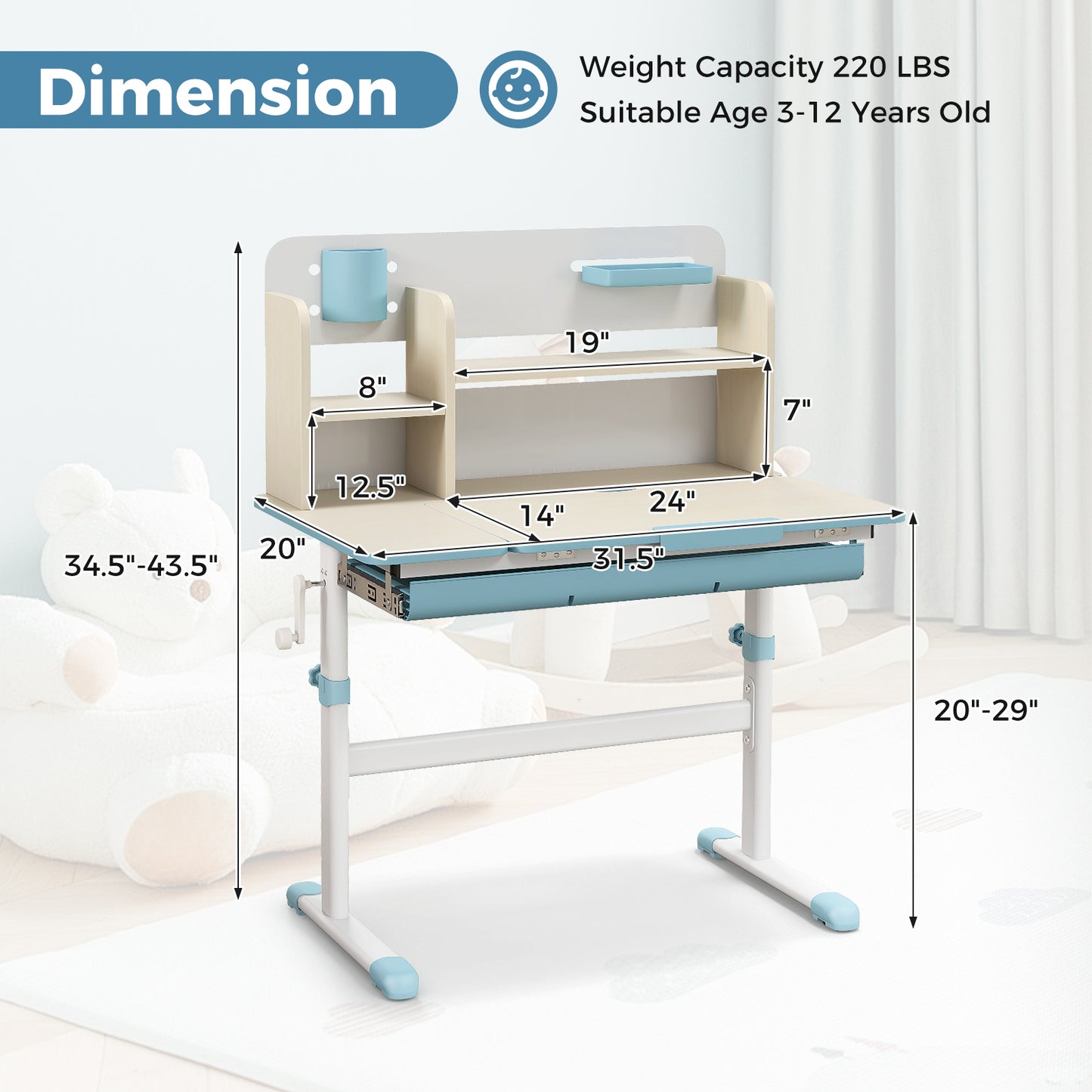 Kids Study Desk with Adjustable Height & Tilt Desktop
