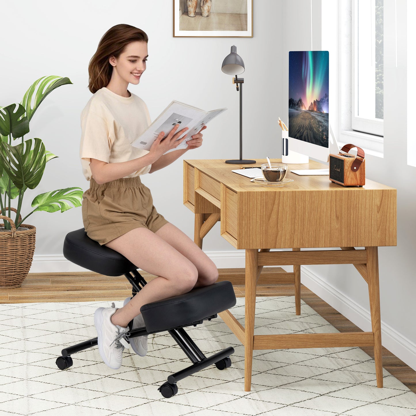 Height Adjustable Kneeling Chair with Cushioned Seat