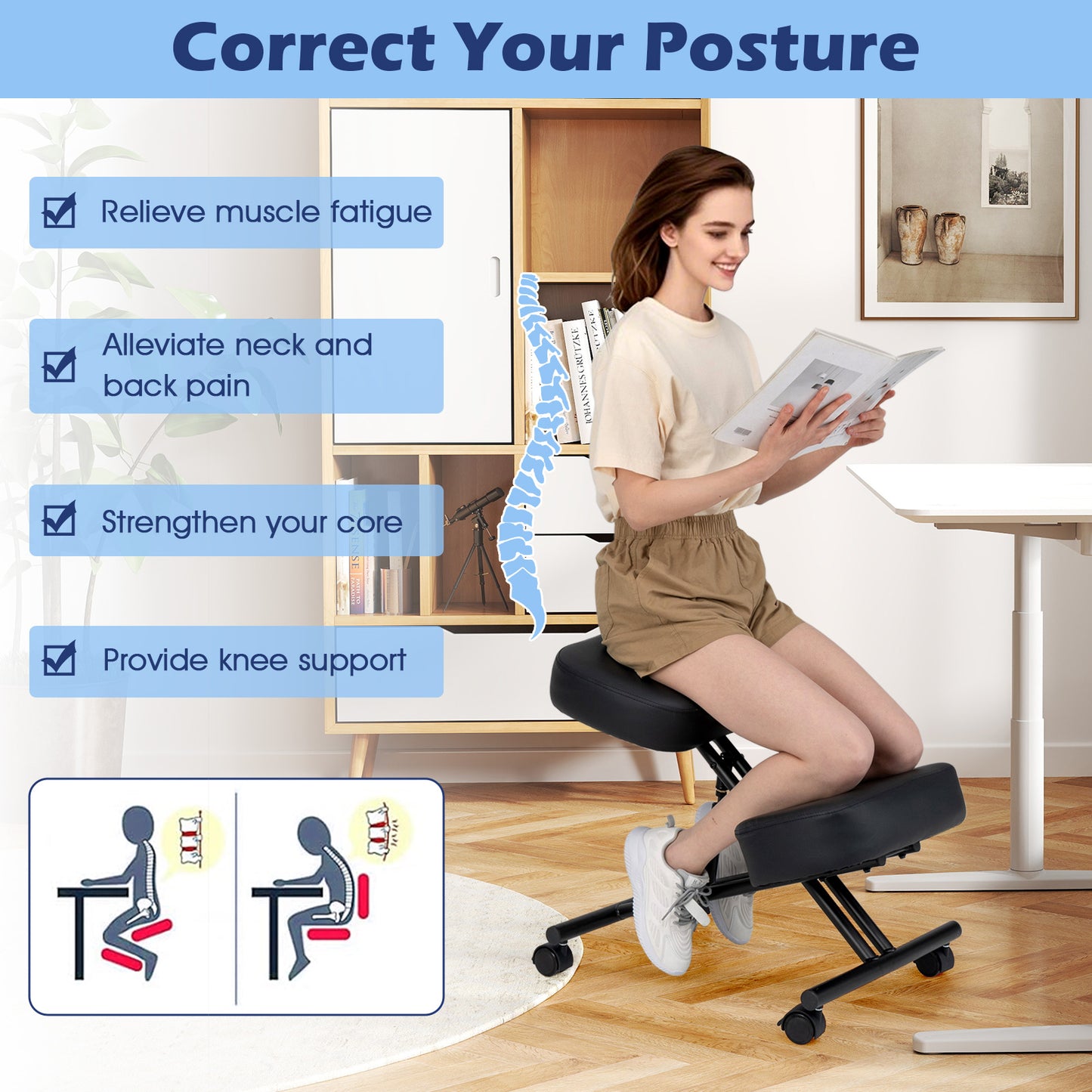 Height Adjustable Kneeling Chair with Cushioned Seat