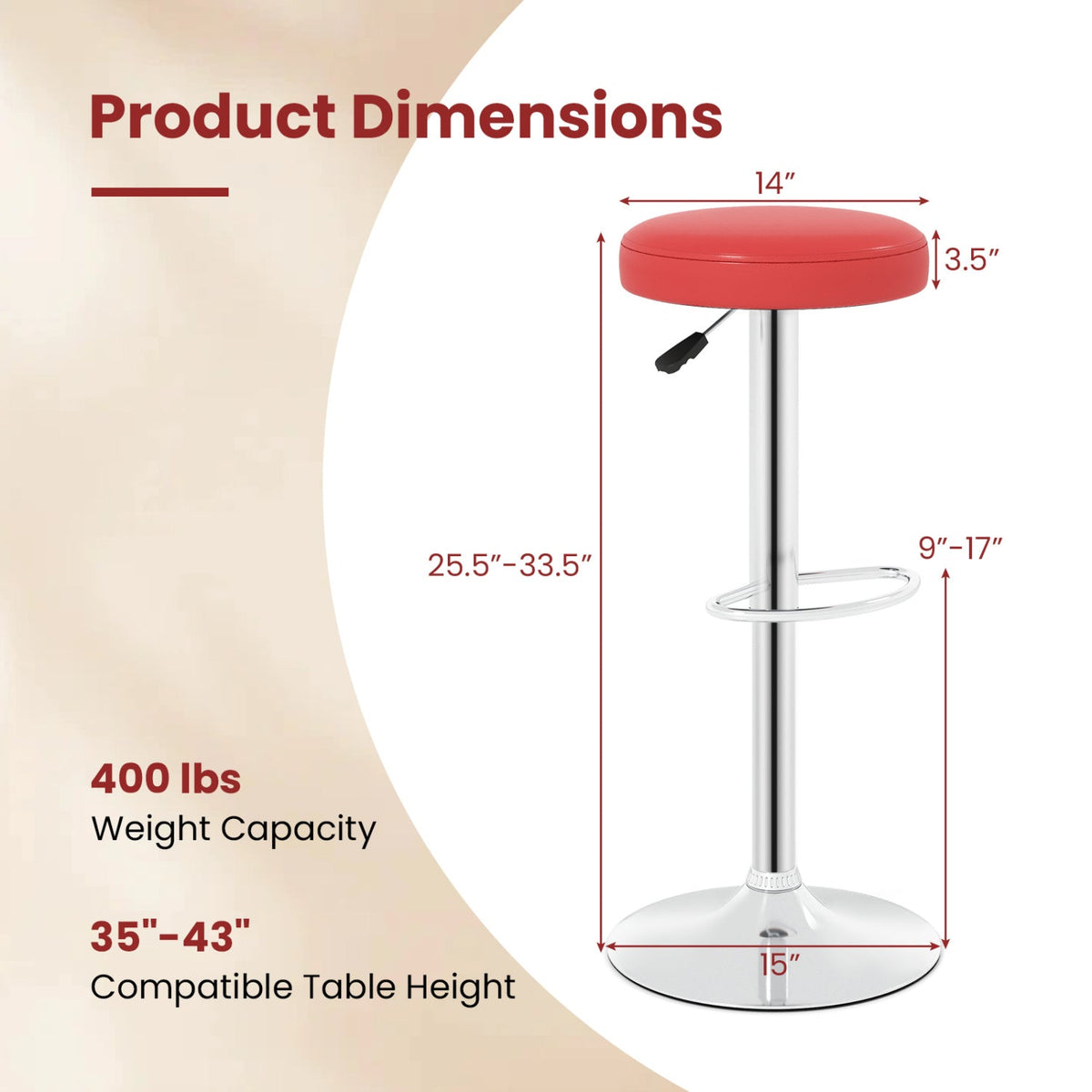 Adjustable Swivel Bar Stool with Footrest, 400 lbs Capacity