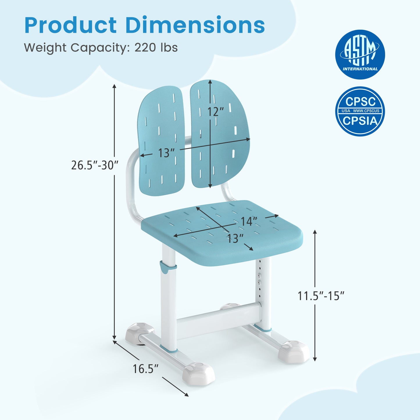 Height-Adjustable Kids Study Chair with Double Back Support