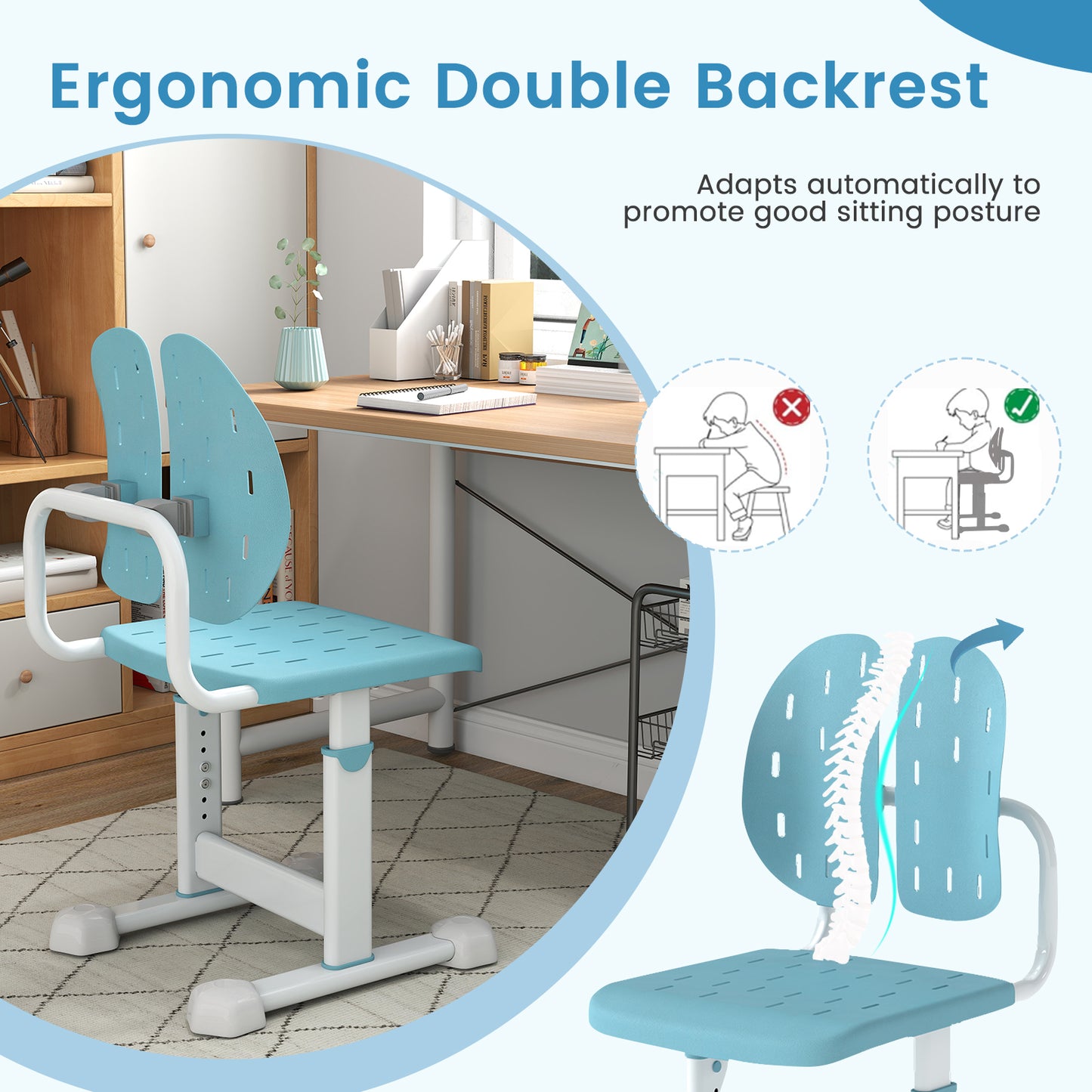 Height-Adjustable Kids Study Chair with Double Back Support