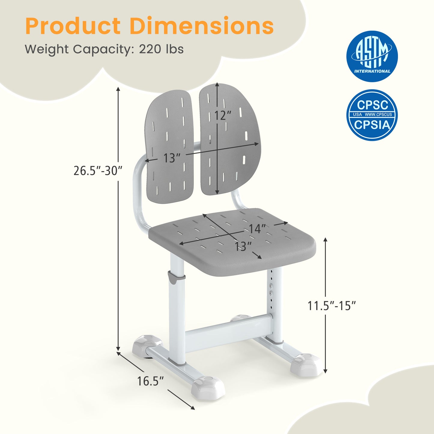 Height-Adjustable Kids Study Chair with Double Back Support