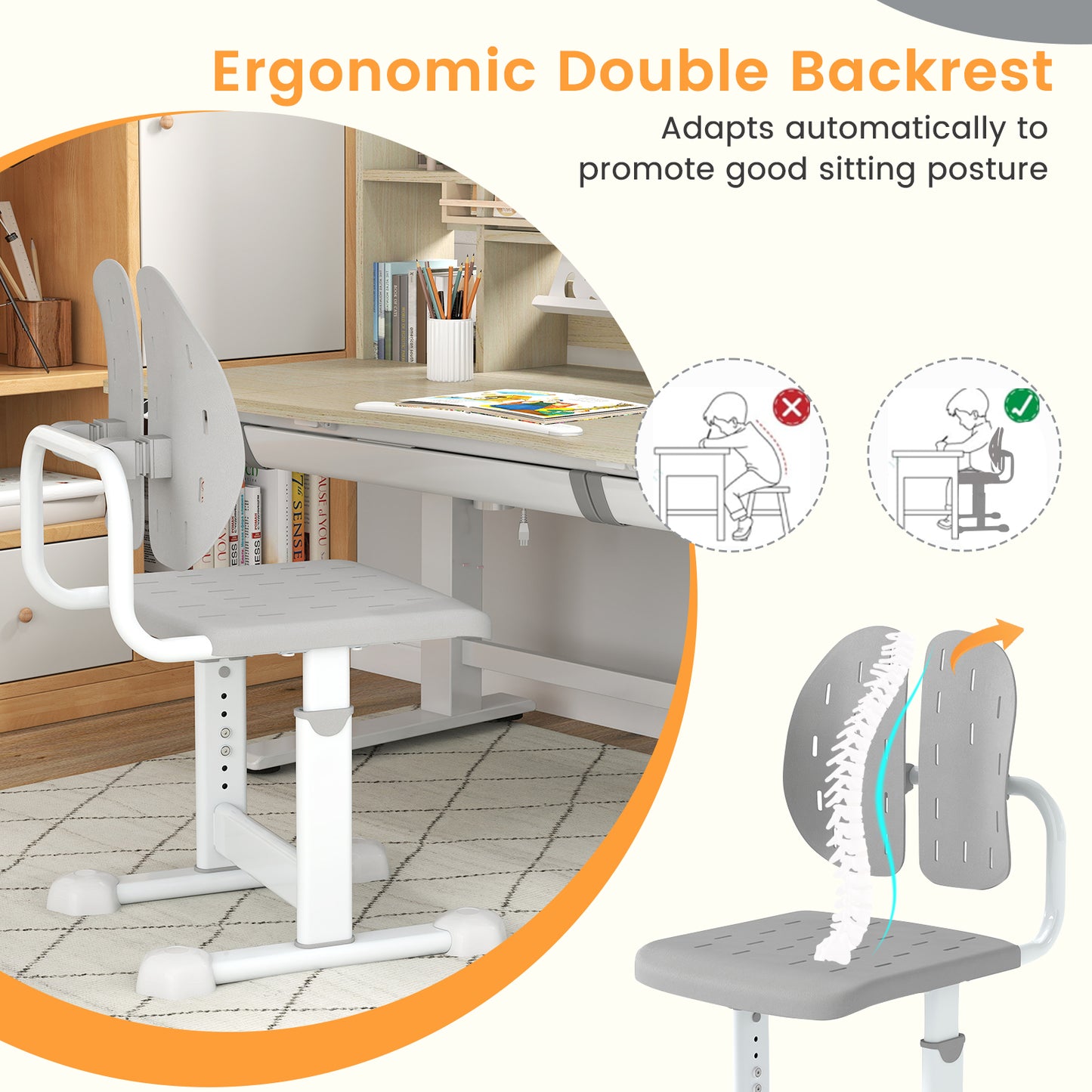 Height-Adjustable Kids Study Chair with Double Back Support