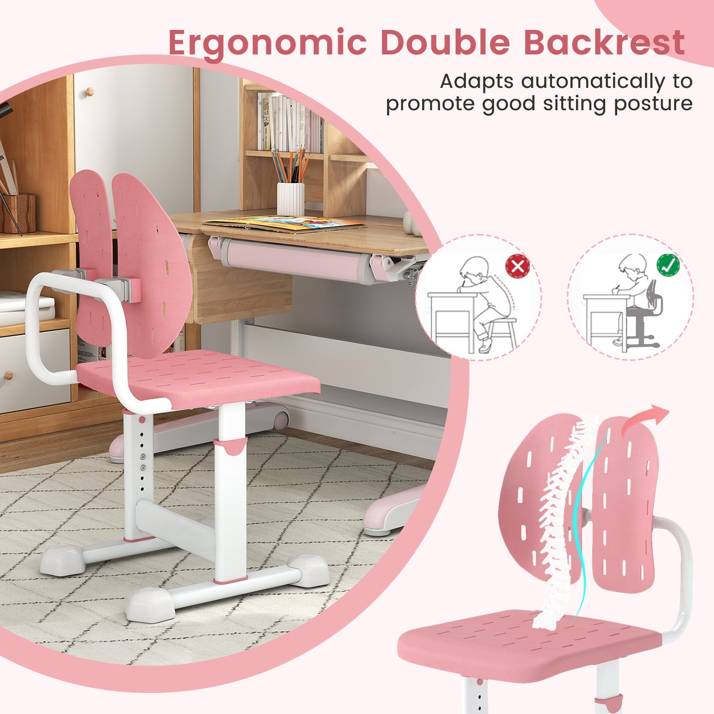 Height-Adjustable Kids Study Chair with Double Back Support